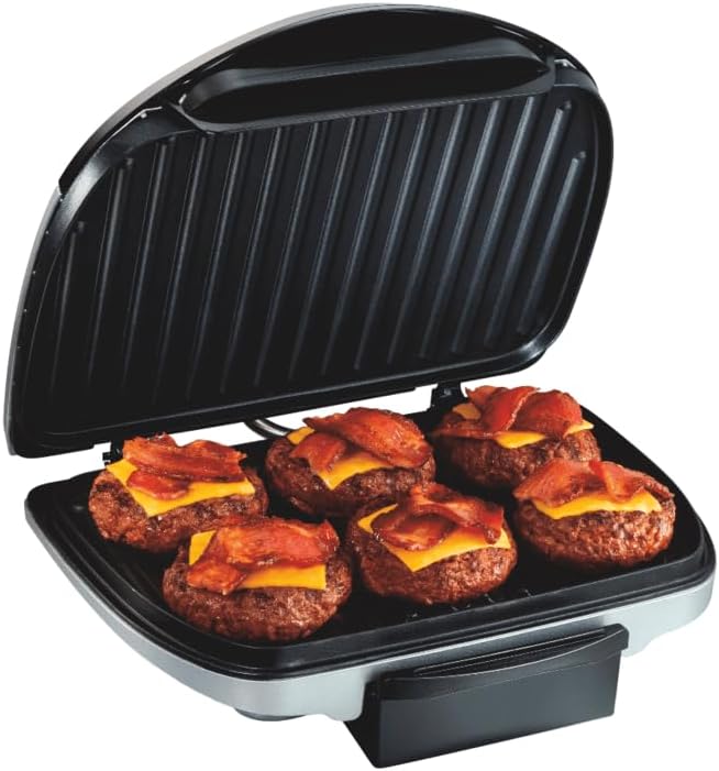 Hamilton Beach Electric Indoor Grill, 6-Serving, Large 90 sq. in. Nonstick Easy Clean Plates, Floating Hinge for Thicker Foods, 1200 Watts, 6.38"D x 12.68"W x 13.78"H , Silver (25371)
