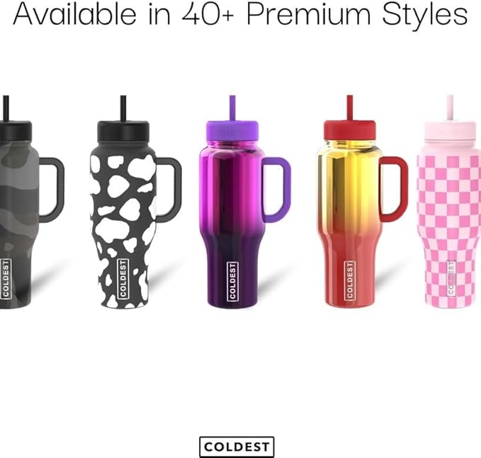 Coldest Tumbler with Handle and Straw, 100% Leak Proof Insulated Tumbler with Lid and Straw (3 Lids), Stainless Steel Tumblers for Women & Men, Cup Holder Friendly Base, 46 oz (Red Luna)