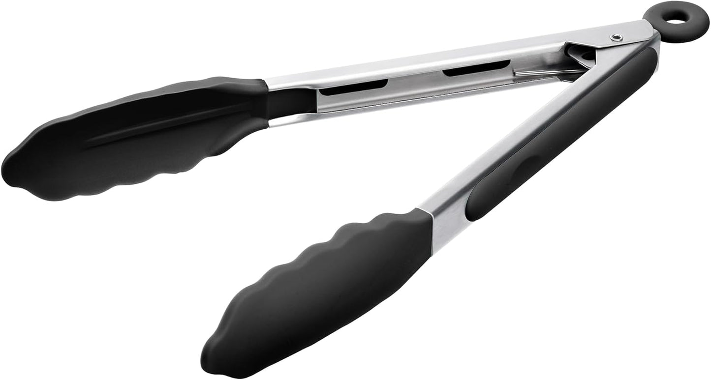 Doosu Kitchen Tongs for Cooking - 600°F Heat Resistant Food Tong with Non-Scratch Silicone Tips, Heavy Duty Stainless Steel Locking Tong for BBQ, Grilling Steak, Serving Salad, Pasta (9in, Black)