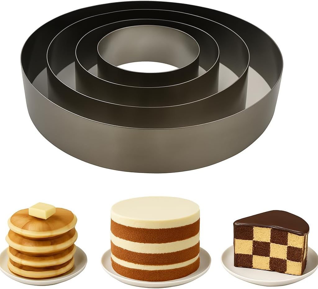 Maystore's Set of 4 Cake Rings 4-6-8-10 Inch – Round Cake Cutter Ring Mold with Premium Stainless Steel – Perfect Cake Ring for Baking, Pastry, and English Muffin – Ideal for Creating Circles.