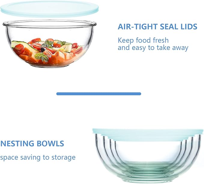 WhiteRhino 8 Piece Glass Bowls with Lids, Heat Resistant Glass Mixing Bowls Set (3.7QT, 2.1QT, 1.1QT, 0.53QT), Clear Salad Bowls with BAP-Free Lids for Kitchen, Oven Microwave Dishwasher Safe