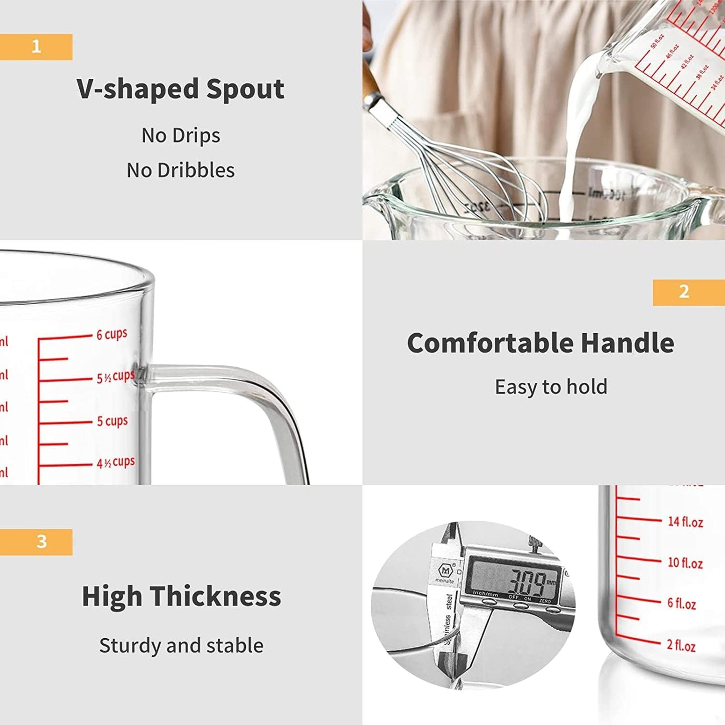 Luvan 6 Cups Glass Measuring Cup, Easy to Read with 3 measurement scales (Ml/Oz/Cup), Insulated Handle and V-shaped Spout, High Borosilicate Glass Measuring Cup, Ideal for Kitchen or Restaurant