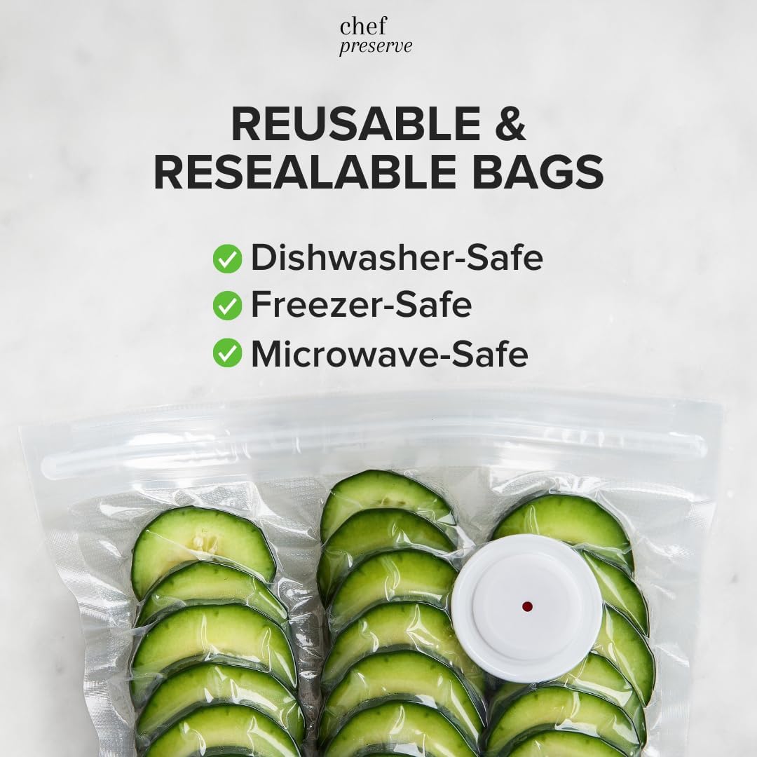 Chef Preserve Reusable Vacuum Sealer Bags for Food – 60 BPA-Free Food Storage Bags, Freezer, Microwave – Odor-Resistant, Leak-Proof – Compatible with Chef Preserve Vacuum Sealers