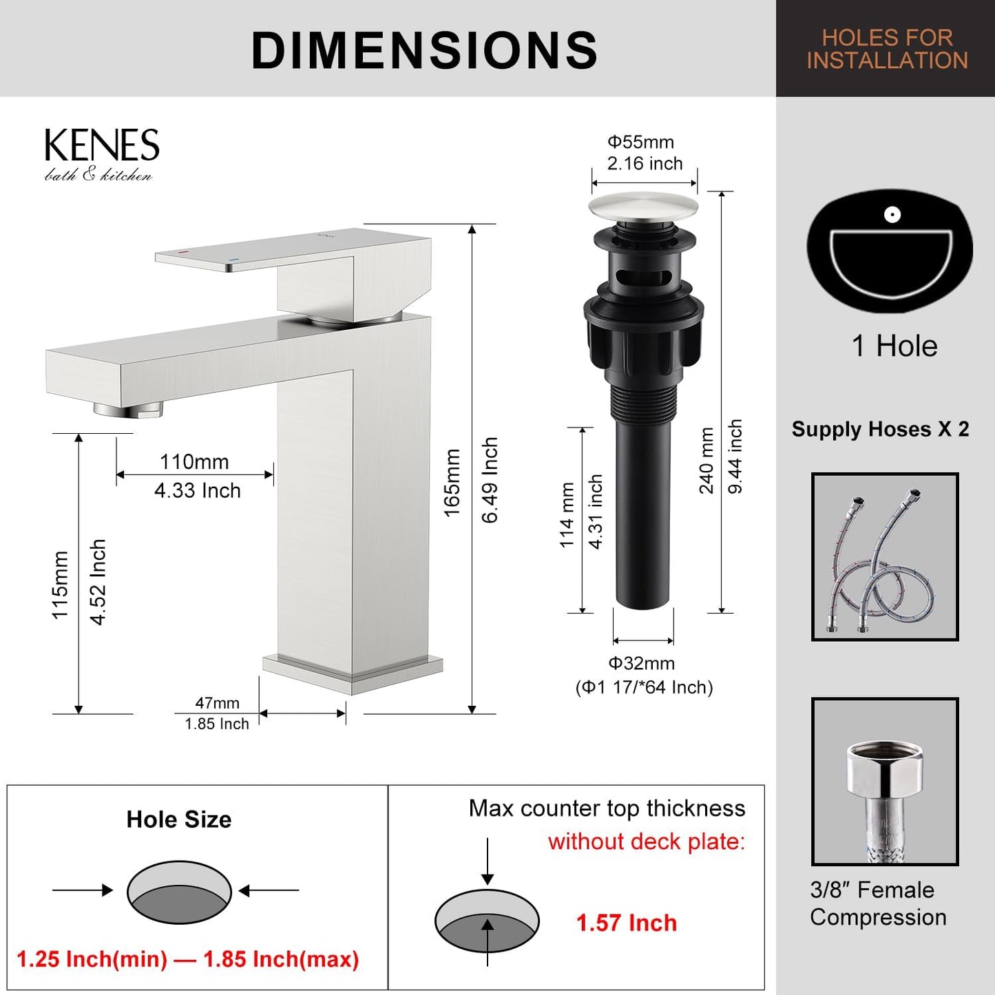 KENES Single Handle Bathroom Sink Faucet, Brushed Nickel Vanity Faucet for Bathroom Sink, with Pop Up Drain Stopper & Water Supply Lines LJ-9031