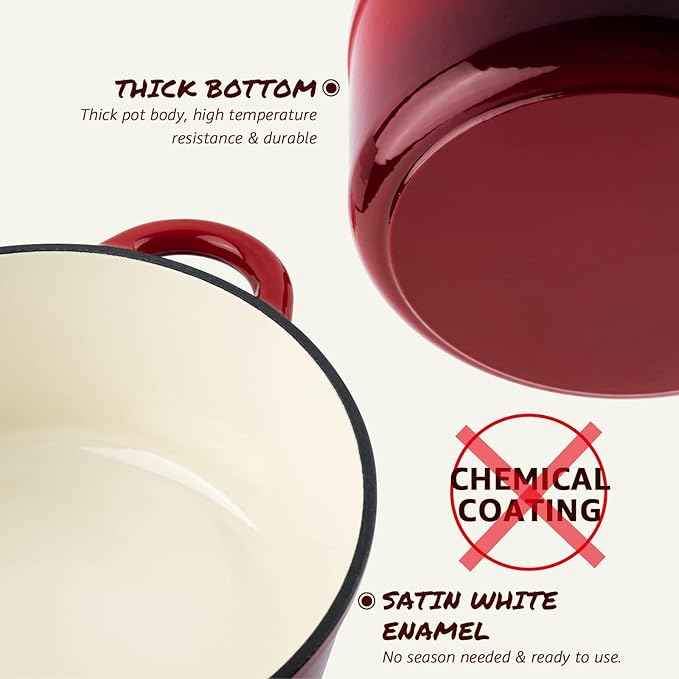 Overmont 5.5QT Enameled Cast Iron Dutch Oven with Lid Cookbook Heavy-Duty Casserole with Dual handles for Braising, Stews, Roasting, Bread Baking