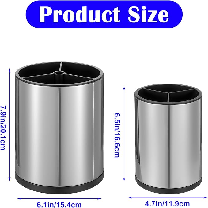 2 Pcs Kitchen Utensil Holder Set, 360° Rotating Stainless Steel Large Cooking Utensil Holder for Kitchen Counter with Removable Base, 3 Compartment Flatware Caddy for Knife Spoon Fork Spatula Tools