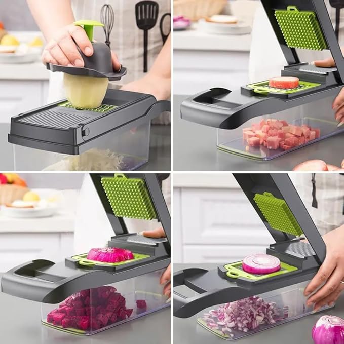 16-in-1 Ultimate Vegetable Chopper & Mandoline Slicer – Multi-Blade Food Dicer, Spiralizer, Grater & Cutter with Container – Kitchen Gadget for Fruits, Veggies, Cheese – Black & Green