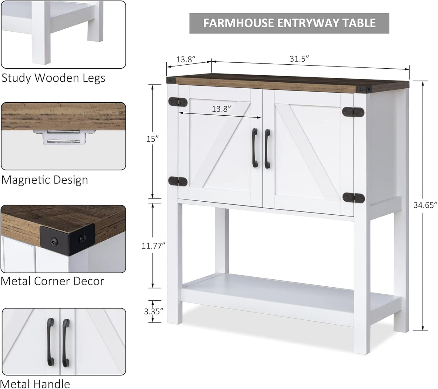 Console Table Coffee Bar Cabinet Sofa Table,31.5 L x 13.8 D x 34.65 H,Entryway Table with 2 Storage Cabinets, Farmhouse Buffet Sideboard for Kitchen, Foyer,Hallway (White)