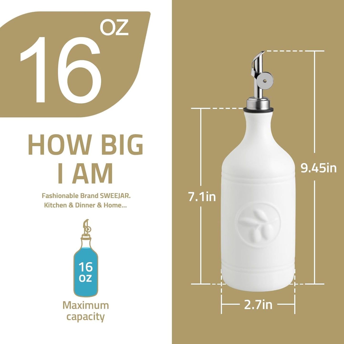 Sweejar 16 Oz Ceramic Olive Oil Dispenser Bottle, Oil Dispenser for Kitchen with Gravity Spout, Relief Opaque Oil Container for Evoo, Avocado Oil, Vinegar, Soy Sauce, 1 Pack(Beige, Gold Spout)