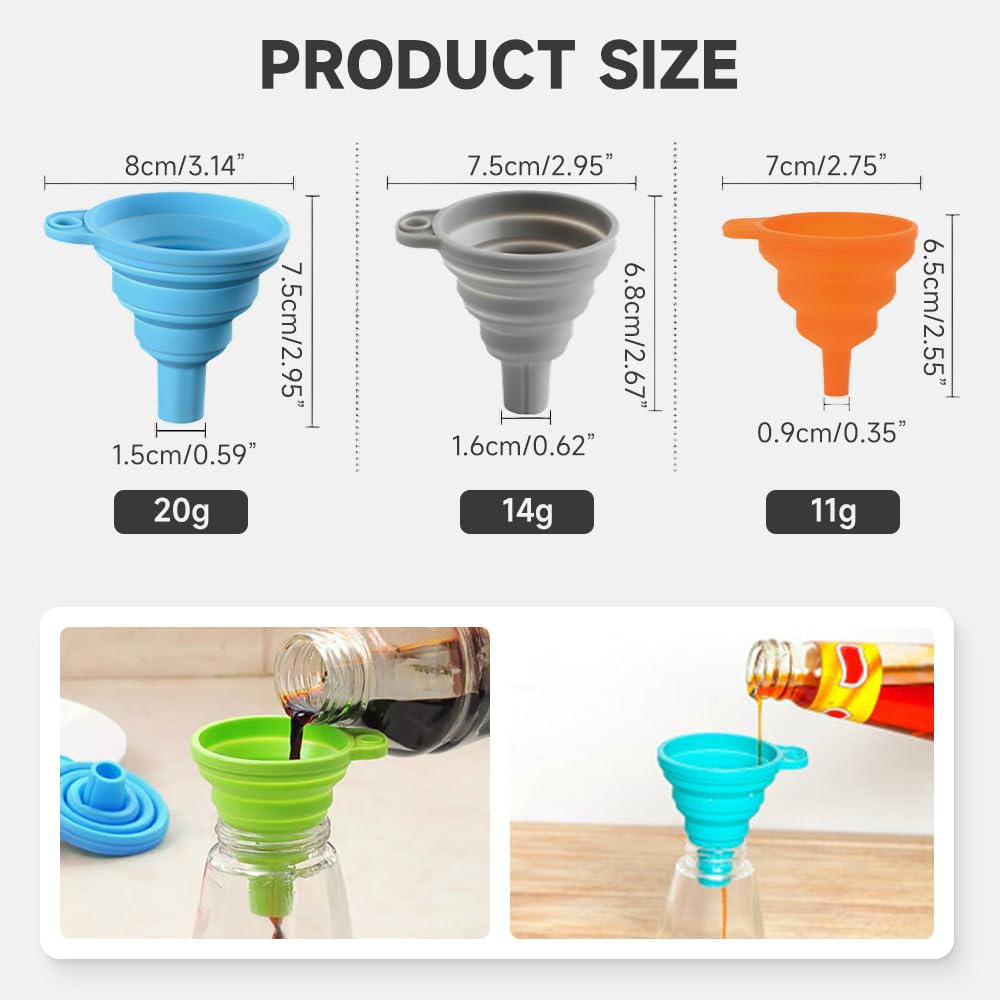 Kitchen Funnel Set, 2025 Upgrade Silicone Collapsible Funnel Silicone Collapsible Food Funnels for Kitchen 3 Sizes Funnels for Home Use Filling Bottles Daily Cooking (Red, 2Set 11+14+20g)