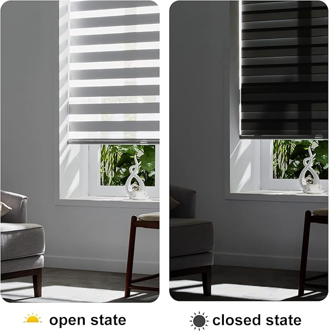 Persilux Cordless Zebra Blinds for Windows Free-Stop Roller Window Shades (47" W X 64" H, Grey) Dual Layer Light Control for Day and Night, Light Filtering Sheer Shades for Home, Easy to Install