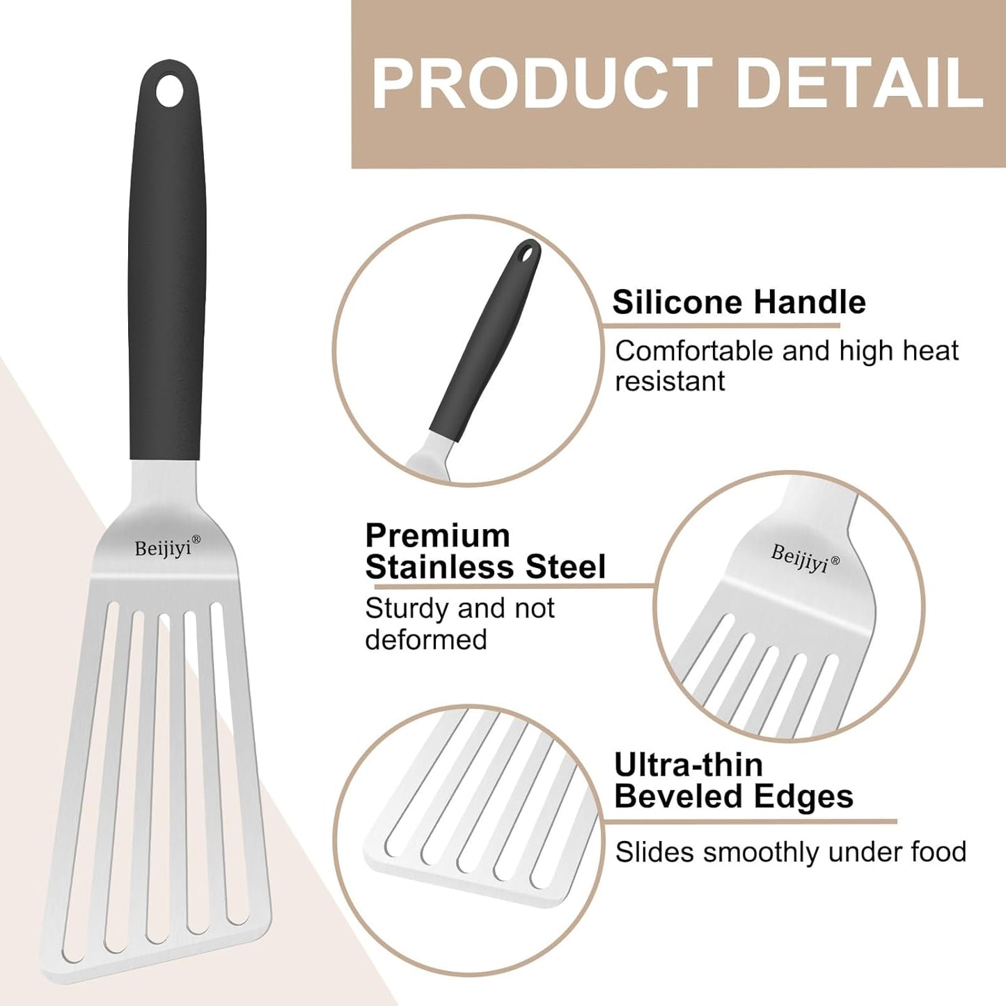 Beijiyi 11.3" Fish Spatula, Stainless Steel Slotted Spatula for Cooking Flipping Fish, Egg, Burger, Metal Kitchen Turner for Cast Iron Skillet with Silicone Handle, 1.2mm Thickened Blade