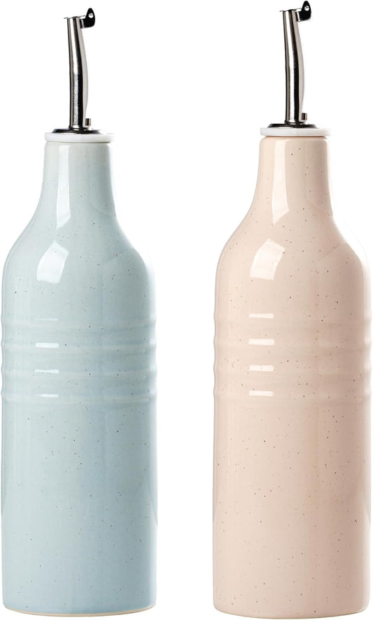 famiware Jupiter 16oz Ceramic Olive Oil Dispenser Bottle, Olive Oil and Vinegar Dispenser Bottle Set of 2 with Stainless Steel Pourers, Suitable for Storage Vinegar, Liquids, Light Blue & Light Pink