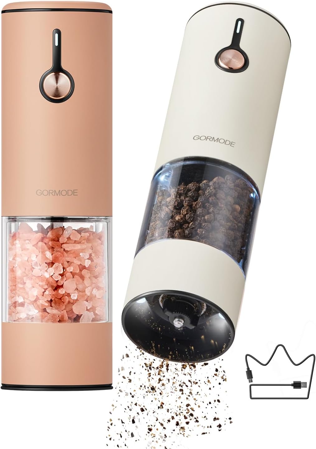 Electric Pepper Grinder and Salt Mill Set - Large Capacity USB Rechargeable Automatic Grinder with Dual LED Lights, One-Handed Operation & Slide Cover - Brushed Stainless Steel