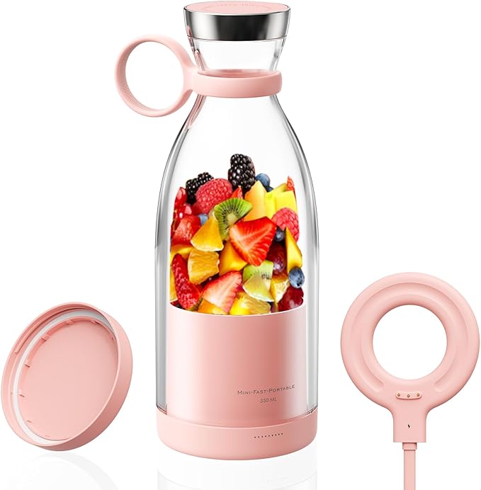 OTPEIR Portable Blender for Shakes and Smoothies with 11.83 Oz Travel Cup and Lid,Durable Stainless Steel Blades for Juice Blending Performance, Pink