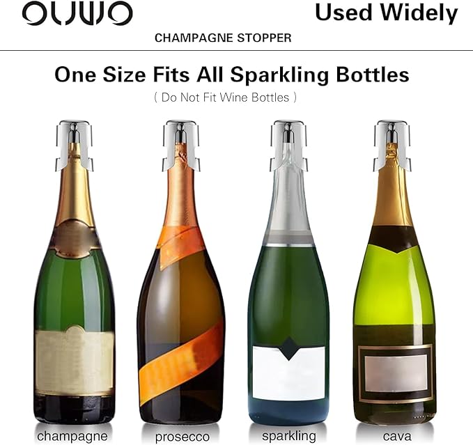 Champagne Stopper 6 Pack Stainless Steel Champagne Save with Food Grade Silicone，Leak-Proof Bubble Retaining Saver，Suitable for Champagne Prosecco Cava and Sparkling (Silver)