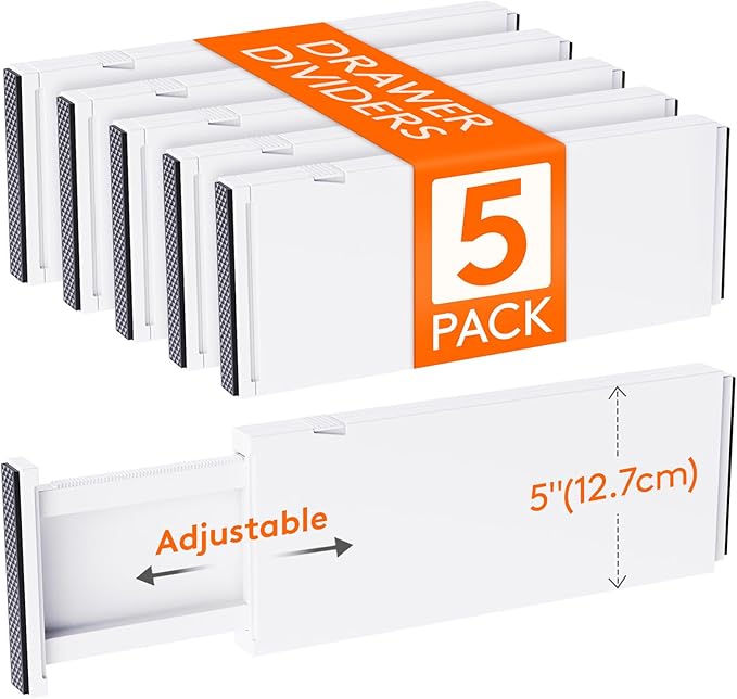 Lifewit 5 Pack 5" High Drawer Dividers 34-56cm/13.5-22" Adjustable Drawer Organizer for Clothes/Utensils, Expandable Drawer Separator in Dresser/Kitchen/Bedroom/Office Organization & Storage White