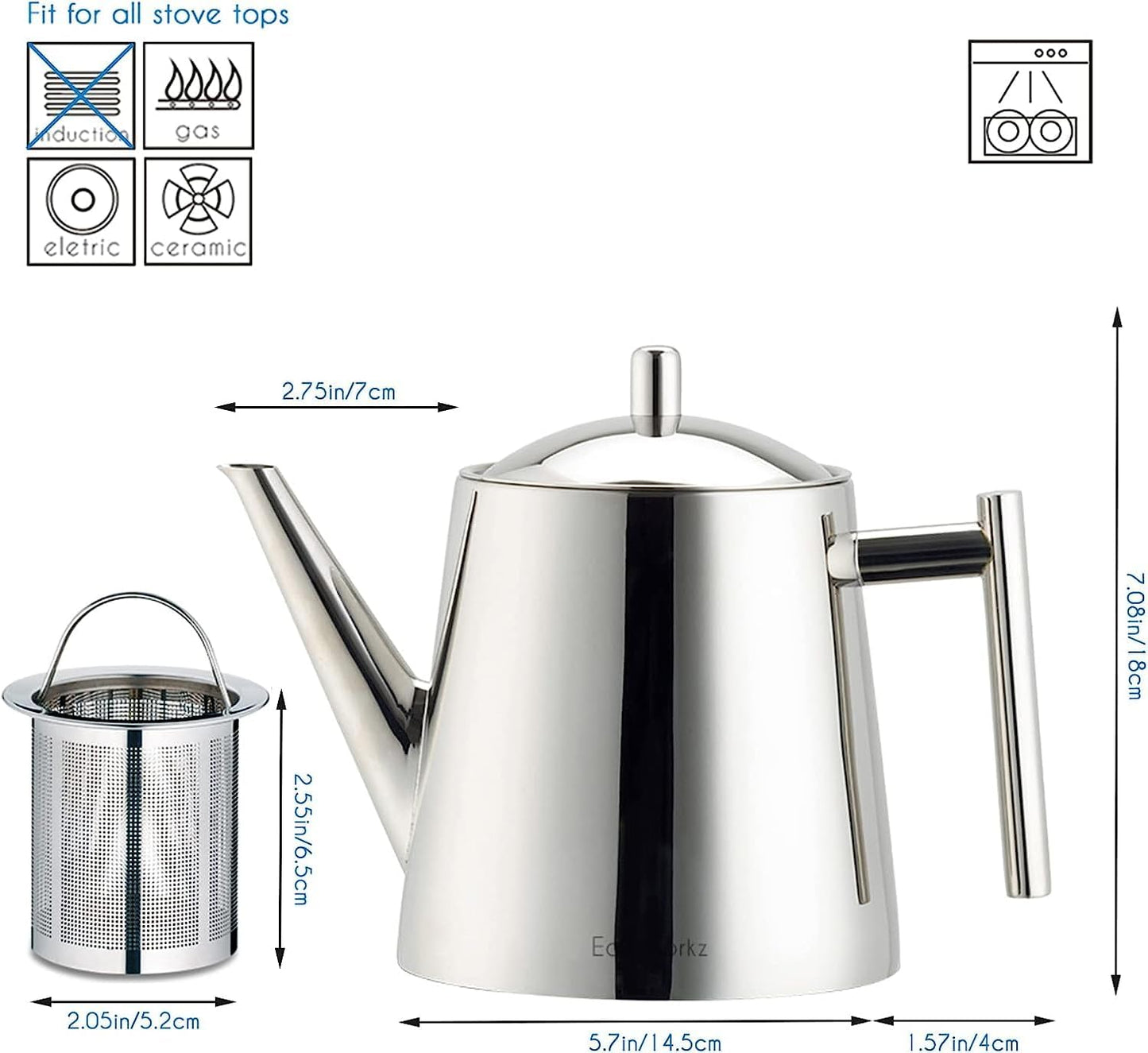 Easyworkz Stainless Steel Teapot With Removeable Infuser 50 oz (1500ml) Stovetop Tea Maker for Fruit Herbal and Infusion