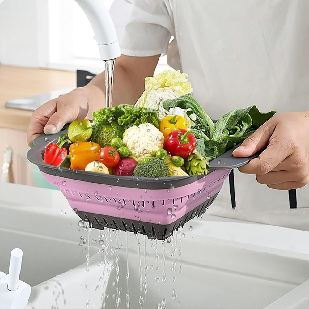 Collapsible Colander Set, Square Round Triangles Silicone Kitchen Strainer Perfect for Draining Pasta Vegetable fruit 2 PCS (10.8"L x 8.6"W x 2"H, Red & Green)