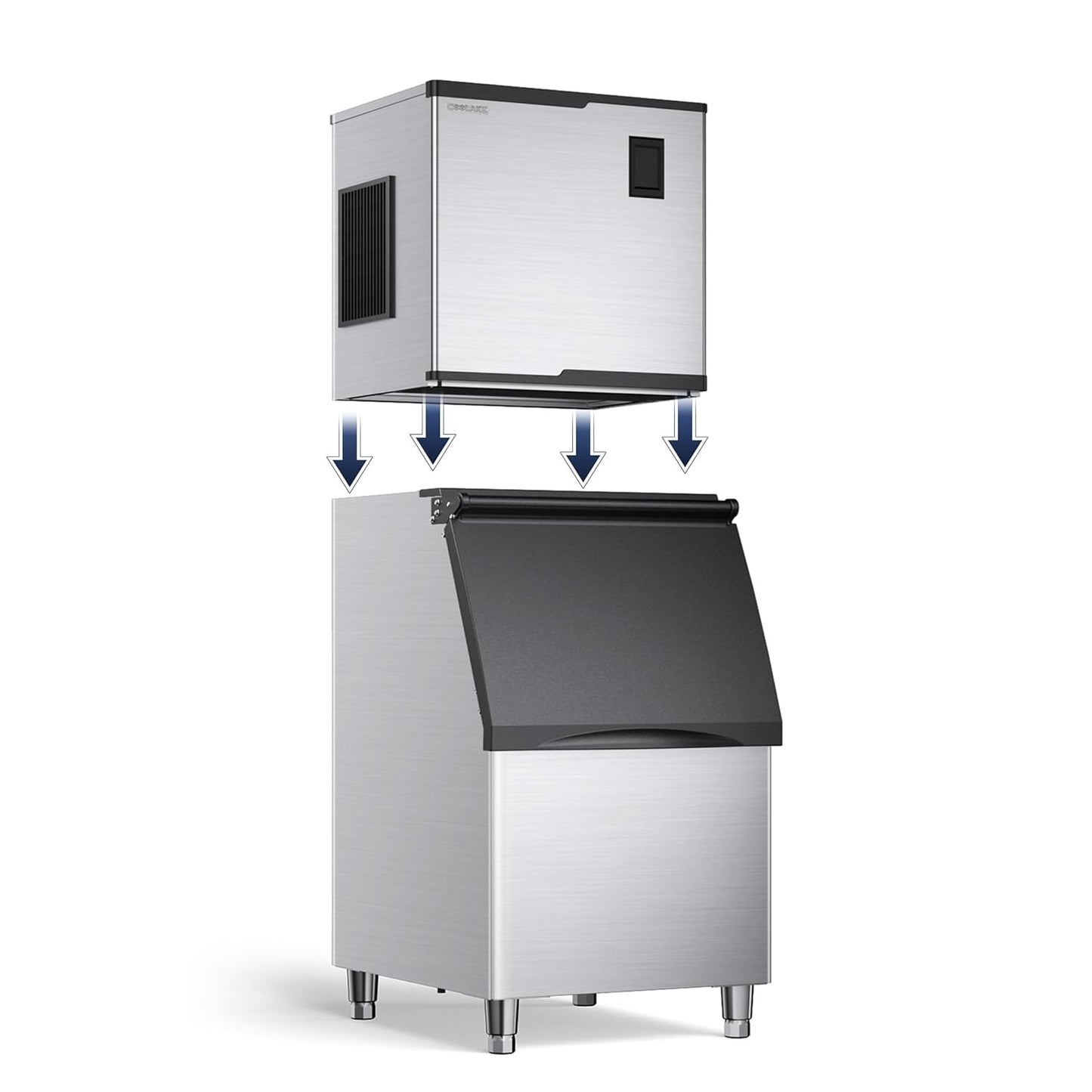 Coolake 360 lb. Commercial Ice Machine Storage Bin, 26" Stainless Steel Space Saving Footprint Ice Bin with Convenient Lift-up Door, Filter, Scoop, Adjustable Feet, for Bar Restaurant Shop