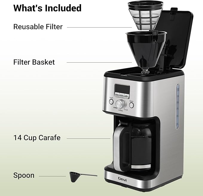 Gevi 14-Cup Programmable Coffee Maker, Drip Coffee Machine with Normal & Strong Brew for Home and Office, Glass Carafe, 2-Hour Keep Warm, Pause & Serve, Auto Shut Off, Silver