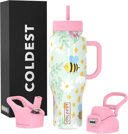 Coldest Tumbler with Handle and Straw, 100% Leak Proof Insulated Tumbler with Lid and Straw (3 Lids), Stainless Steel Tumblers for Women & Men, Cup Holder Friendly Base, 36 oz (Stung by a bee)