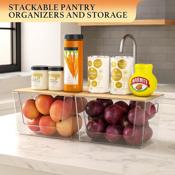 2 Set Pantry Organizers and Storage - Clear Stackable Bins with Bamboo Lid for Fruit, Onion, Potato, Vegetable - Trash Bag Holder Dispenser Under Sink Organizer for 4-13 Gal Bags
