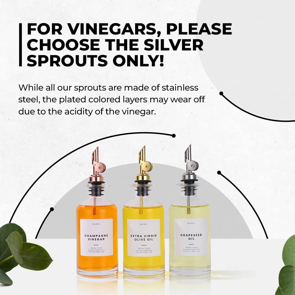 Molimoli Oil and Vinegar Dispenser with Metal Pour Spout, Weighted Pourer, Glass Bottle Dispenser for Kitchen, Olive Oil Cruet, Glass Olive Oil Bottle |350ml, Set of 2