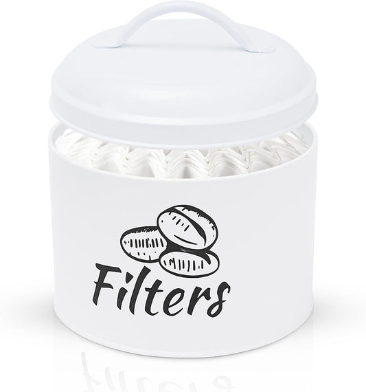 Coffee Filter Holder with Metal Lid – Coffee Filter Container for Countertop – Modern Organizer for Cone Filters – Coffe Bar Accessory for Kitchen Decor (white)
