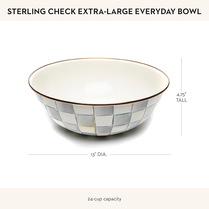 MACKENZIE-CHILDS Enamel Everyday Bowl, Serving Bowl for Entertaining, Extra-Large, Gray-and-White Sterling Check, Set of 1