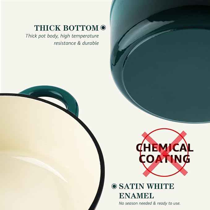 Overmont Enameled Cast Iron Dutch Oven - 7QT Pot with Lid Cookbook & Cotton Potholders - Heavy-Duty Cookware for Braising, Stews, Roasting, Bread Baking bottle green