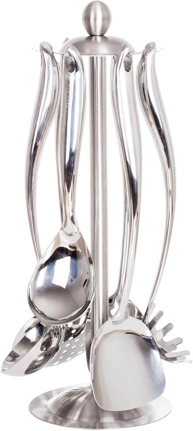 18/10 Stainless Steel Cooking Utensils Set with Holder, 7-Pieces All Metal Kitchen Utensils, 15’’ Long Kitchen Tools with Countertop Rotating Stand, Spatula, Ladle, Skimmer, Tunner, Pasta, Large Spoon