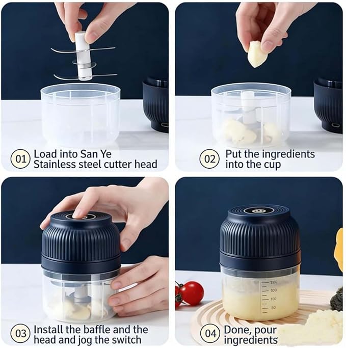 Household Electric Garlic Crusher, Electric Garlic Chopper, Mini Portable Veggie Chopper with 4/6 Stainless Steel Blades, Wireless Rechargeable Food Cutter for Garlic, Onion, Chili (Green,250ML)