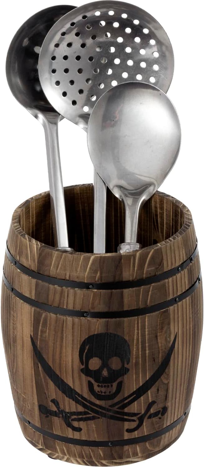 MyGift Rustic Burnt Wood Pirates Rum Cask Style Kitchen Utensil Crock, Vintage French Wine Barrel Cooking Tools Holder with Skull and Cutlass Sword Design