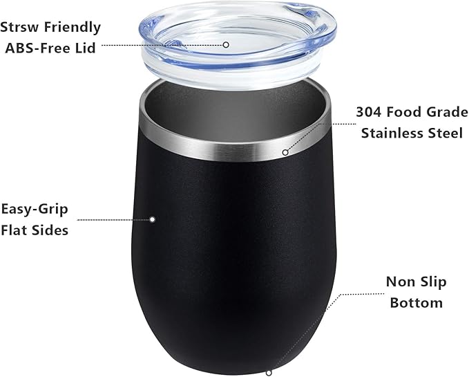MEWAY 12oz Wine Tumbler 16 Pack Bulk Gifts for Women,Double Wall Vacuum Stainless Steel Travel Mug with Lid,Insulated Stemless Wine Cup Glass for Coffee,Cocktails,Drinks(Black,Set of 16)
