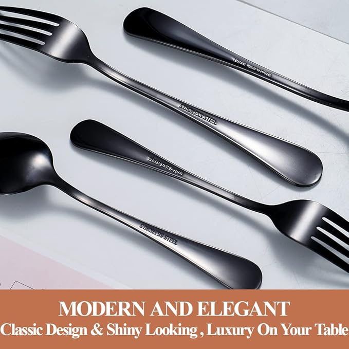 Lazycorner 50 Pcs Black Silverware Set for 10, Mirror Polished Flatware Set Stainless Steel Fork Knife Spoon, Food Grade Eating Utensils Sets, Reusable Silverwear Cutlery Set, Dishwasher Safe