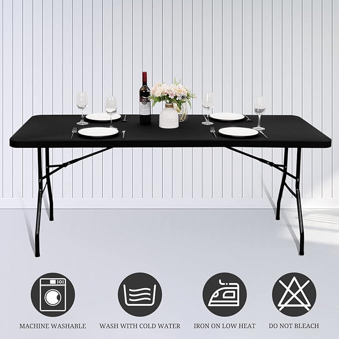 6 Pack Stretch Fabric Table Top Cap Cover, fits 5' Tables, Spandex Table Covers Washable Elastic Universal Rectangle Tablecloth Protector for Indoor Outdoor Party Picnic Wedding, Black, 30" W x 60" L