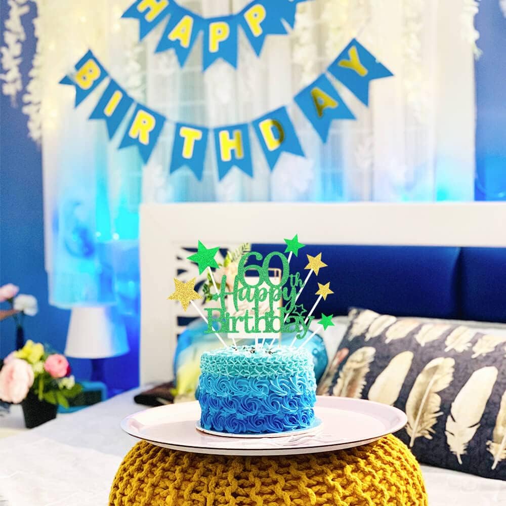 Glittery 60th Happy Birthday Cake Topper with Star,Personalised 60 Birthday Cake Toppers Party Decorations Party Supplies for Boys Girls Green Gold
