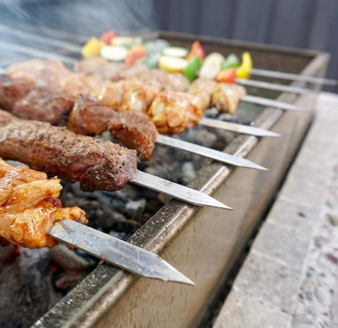 Antallcky 12 Pack Kebab Skewers 22 Inch BBQ Barbecue Skewers Stainless Steel Sticks Heavy Duty Large Wide Reusable with Nonslip Wooden Handle Ideal for Shish Kabob Chicken Shrimp and Vegetables