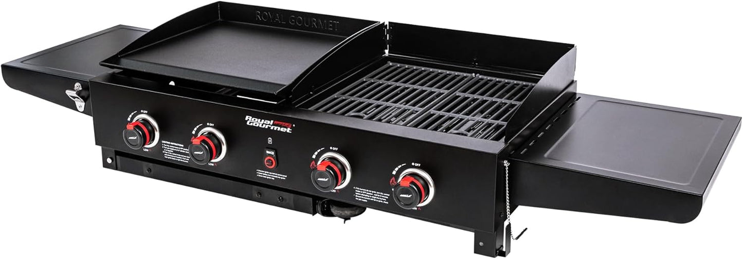 Royal Gourmet GD402 4-Burner Propane Gas Grill and Griddle Combo with Foldable Legs, 48,000 BTUs, Portable Griddle Grill Combo for Outdoor Cooking While Camping or Tailgating, Black