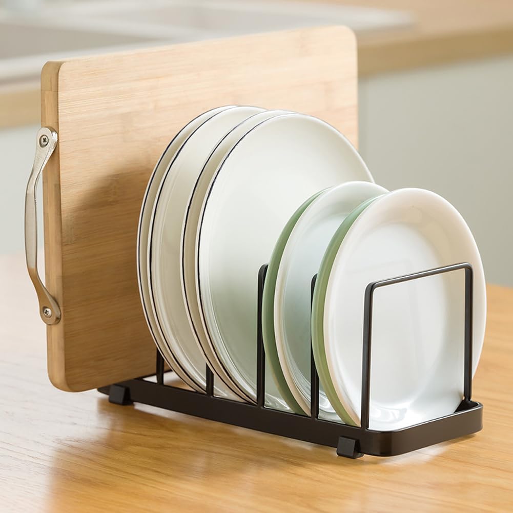 2 Pack Plate Home Accented Storage Rack, Plate Holders Organizer, Metal Dish Storage Dying Display Rack for Cabinet, Counter and Cupboard, Black