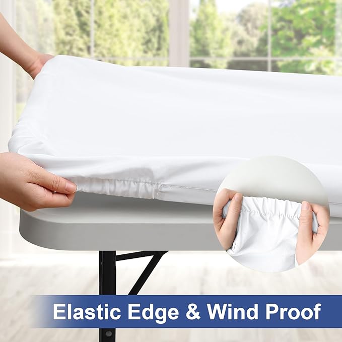 homing Rectangle Table Cloth Cover, Waterproof Polyester Elastic Fitted Tablecloth, Fits for 6 Foot Folding Tables, Washable Table Protector for Picnic, Camping, Outdoor (White, 30" x 72")