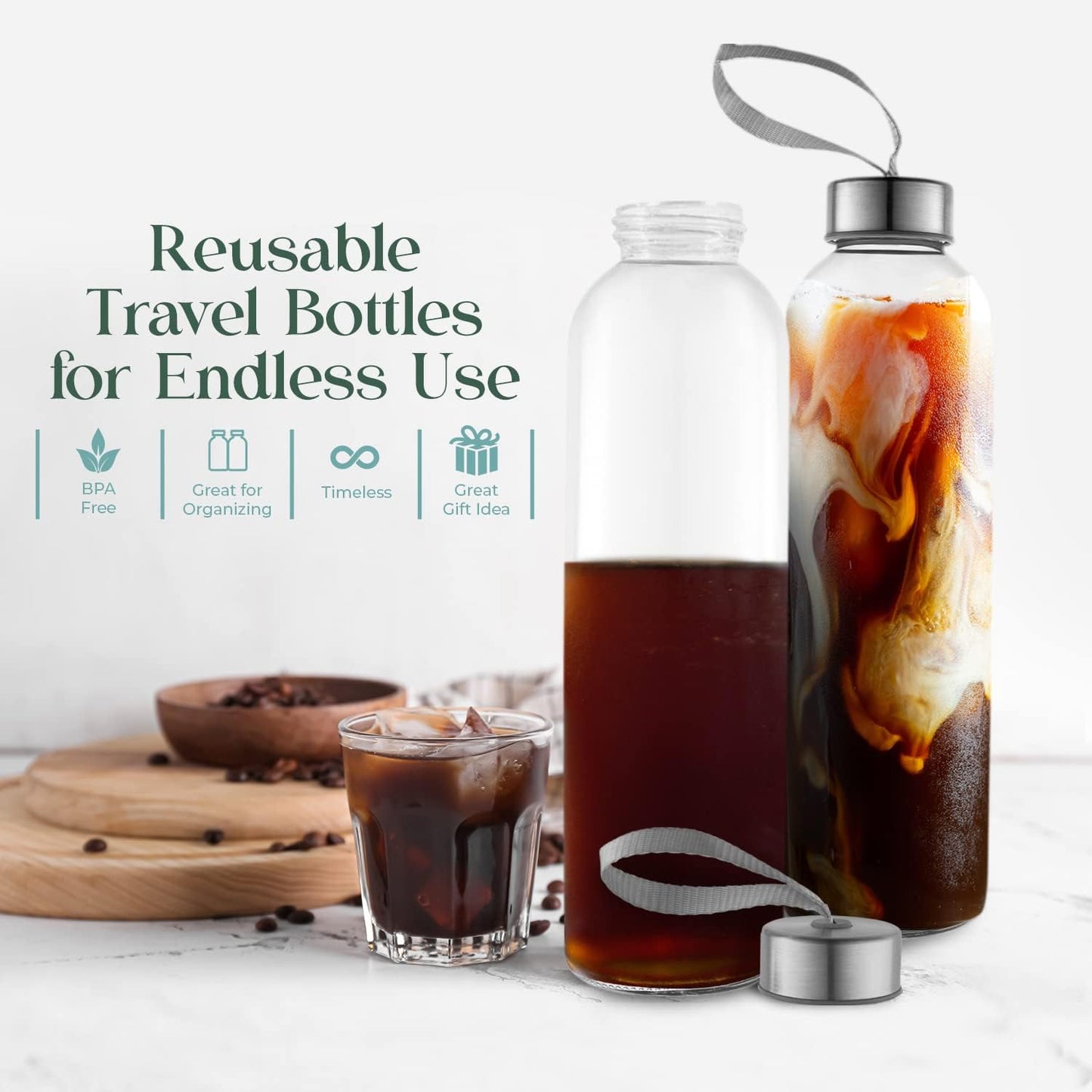 24oz Glass Water Bottles – Pack of 12 - Nylon Protective Sleeves, Airtight Screw Top Lids, Portable Carrying Loops - Lead, PVC and BPA Free - Water, Smoothie, Juicer, and Beverage Glasses