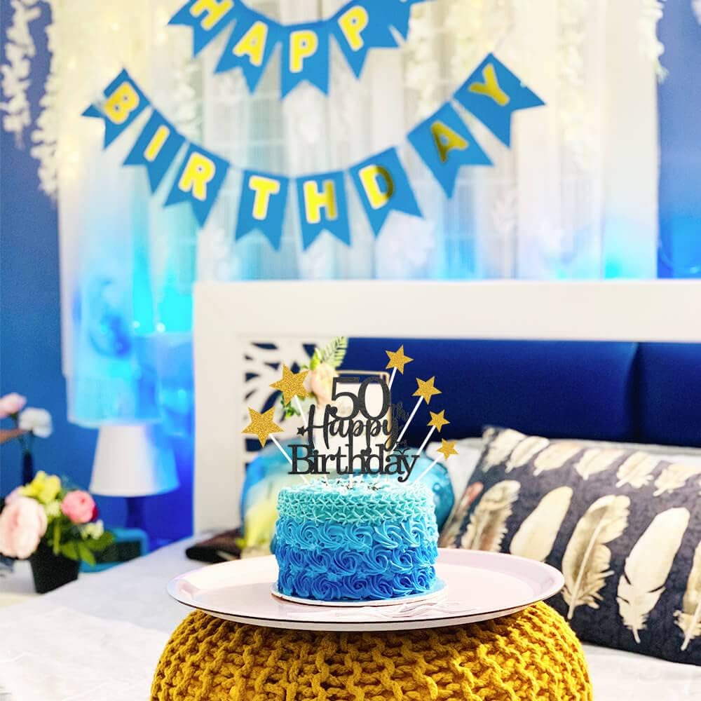 Glittery 50th Happy Birthday Cake Topper with Star,Personalised 50 Birthday Cake Toppers Party Decorations Party Supplies for Men Women Black Gold