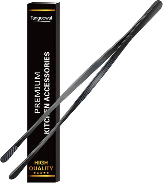 12-Inch Professional Kitchen & Cooking Tweezers Tongs - Stainless Steel Long Tweezer Tongs - Black Coated - BBQ,Plating,Multi-use