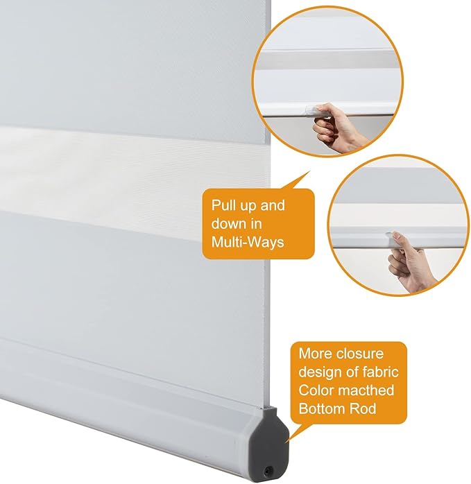 Persilux Cordless Zebra Blinds for Windows, Light Filtering Roller Shades for Windows (56" W x 72" H, White) Light Control for Day and Night, Light Filtering Sheer Shades for Home, Office, Bedroom