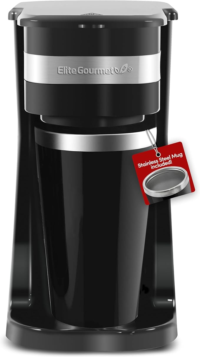 Elite Gourmet EHC113 Personal Single-Serve Compact Coffee Maker Brewer Includes 14Oz. Stainless Steel Interior Thermal Travel Mug, Compatible with Coffee Grounds, Reusable Filter, Black