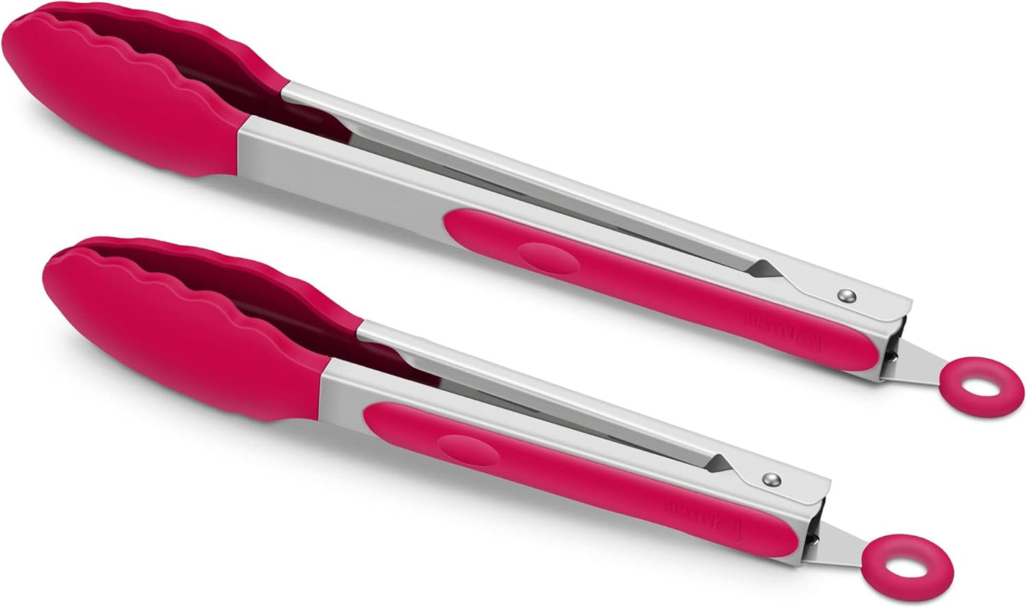 Premium Stainless Steel Food Tongs, 9-Inch & 12-Inch Wine Red Silicone BPA Free Non-Stick BBQ Cooking Grilling Locking Kitchen Tong