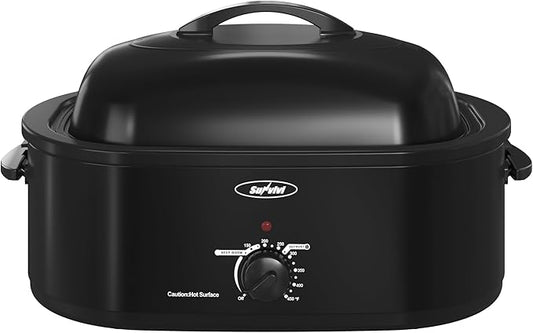 Sunvivi Roaster Oven, Electric Roaster Oven with Self-Basting Lid, 24lb 20-Quart Turkey Roaster with Unique Defrost/Warm Function, Large Roaster with Removable Pan & Rack, Stainless Steel, Black