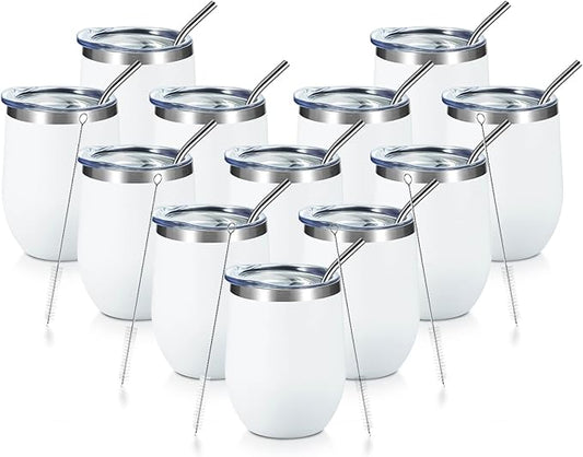 COMOOO 12oz Stainless Steel Wine Tumbler Lid and Straw, Double Wall Vacuum Insulated Wine Tumbler Cup, Stemless Wine Tumbler, Coffee, Wine, Cocktails, Ice Cream Cup White,12 Pack